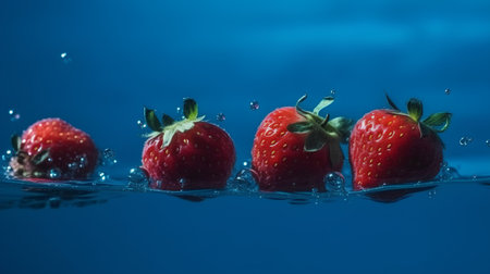 Strawberries falling into water with splash and ripples on blue backgroundの素材