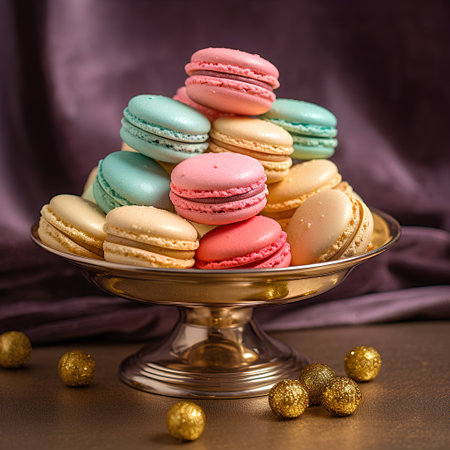 Colorful macaroons in a copper vase on a dark backgroundの素材