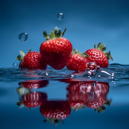 Strawberries falling into the water with a splash on a blue backgroundの素材