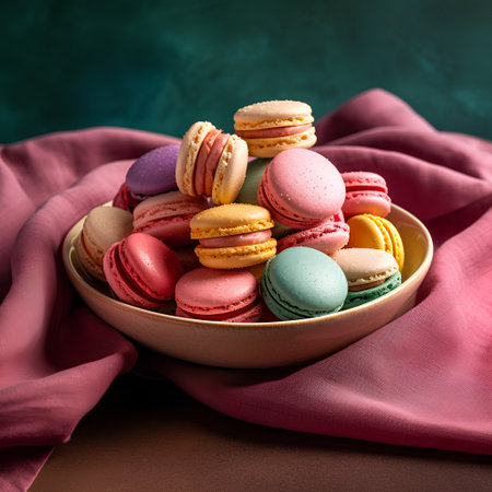 Colorful macaroons in a plate on a dark background.の素材