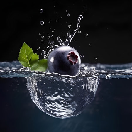 Blueberry in water with splash on dark background. Shallow dof.の素材