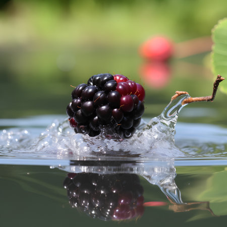 Blackberries falling into the water with a splash on a green backgroundの素材