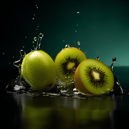 Water splash with kiwi and apple on a dark background.の素材