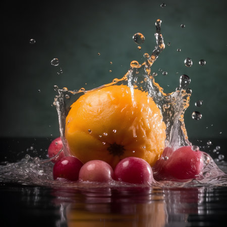 Fruit splashing into water on dark background. Shallow depth of fieldの素材