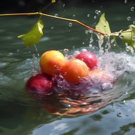 Plums in water with drops of water splashing on the surfaceの素材