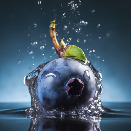 Blueberry with drops of water on a dark blue background. Studio photography.の素材