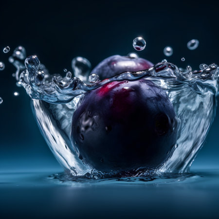 Water splash with fresh plum fruits on dark blue background. Close upの素材
