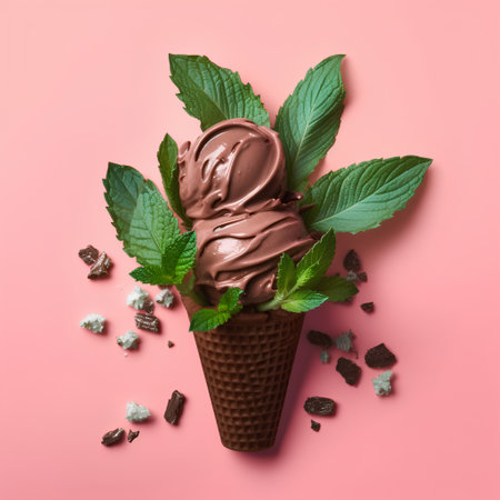 Chocolate ice cream in waffle cone with mint leaves and chocolate pieces on pink backgroundの素材