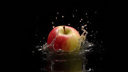 Red apple falling into water with splash on black background, studio shotの素材