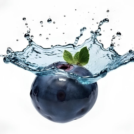 Blueberry splashing into water, isolated on white with clipping pathの素材