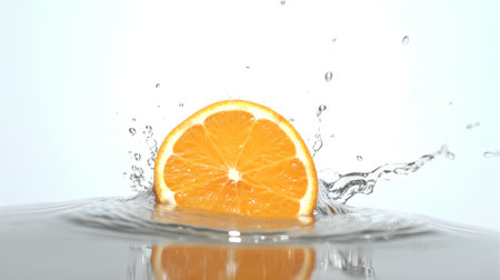 Slices of orange falling into water, on white background.の素材