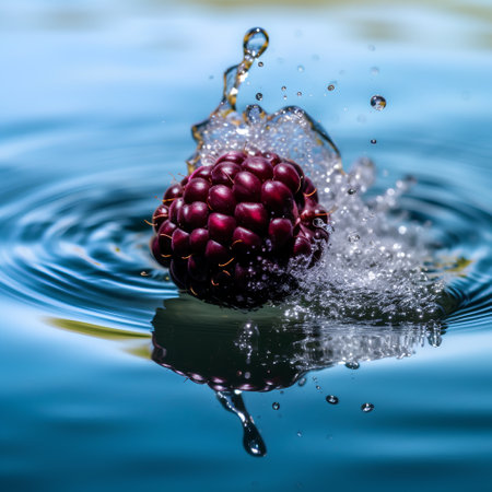 Falling drops of water and raspberries on a blue backgroundの素材