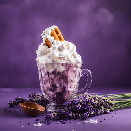 Lavender milkshake with whipped cream and fresh lavender flowers on purple backgroundの素材