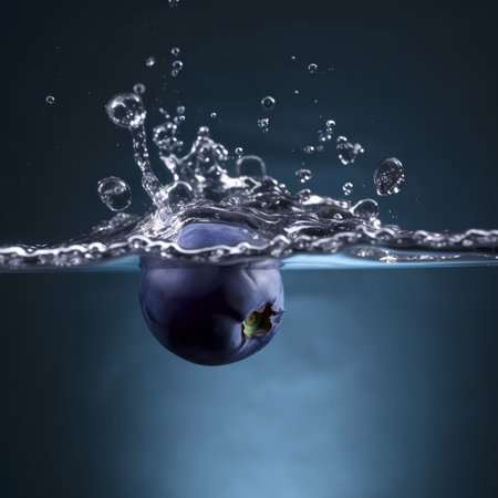 Blueberry falling into water with a splash on a dark blue backgroundの素材