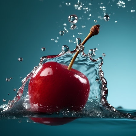 Red cherry in water with splash and drops on blue background, close upの素材