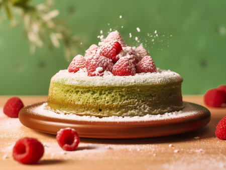 Green tea cake with raspberries and powdered sugar on a wooden tableの素材