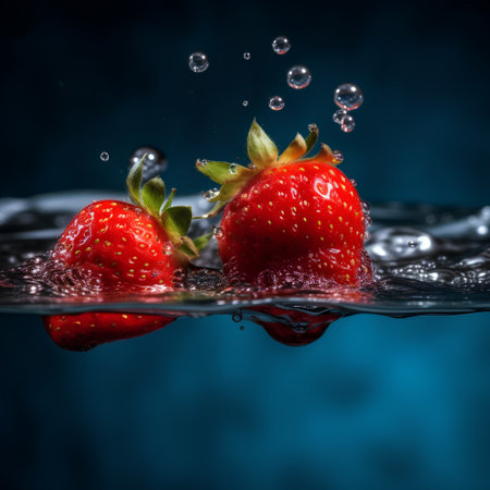 Strawberry falling into water with splash on dark blue background.の素材
