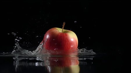 Red apple falling into water with splashes on a black background.の素材