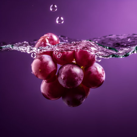 Grapes falling into water with splash on a purple background.の素材