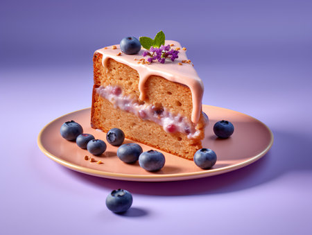 Cake with cream and blueberries on a plate on a purple backgroundの素材