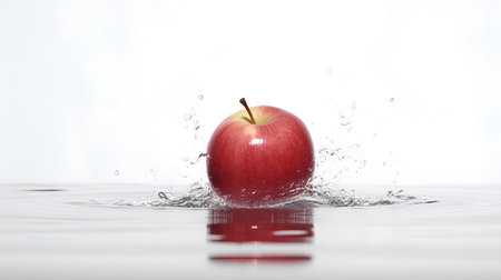 Red apple falling into water with splash and ripples on white backgroundの素材