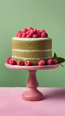 Cake with raspberries on a pink stand on a green backgroundの素材