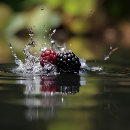 Blackberries and raspberries falling into the water with a splashの素材