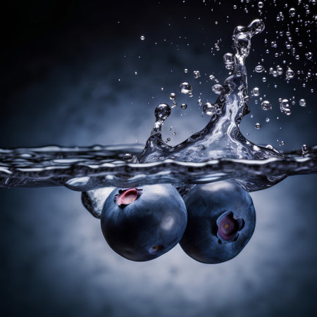 Blueberries in water splashes on dark background. 3d illustrationの素材