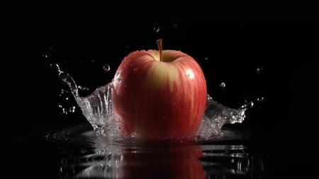 Red apple with water splash on a black background. Shallow DOFの素材