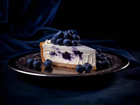 Blueberry cheesecake with fresh blueberries on a dark background.の素材