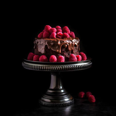 Chocolate cake with raspberries on a black background. Selective focus.の素材