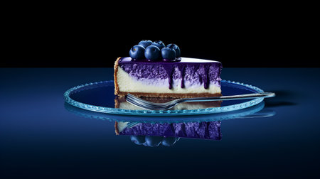 Blueberry cheesecake on glass plate with reflection on dark blue backgroundの素材