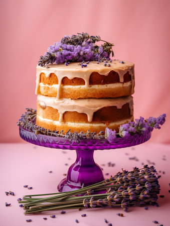 Lavender cake on a purple stand with lavender flowers on a pink backgroundの素材