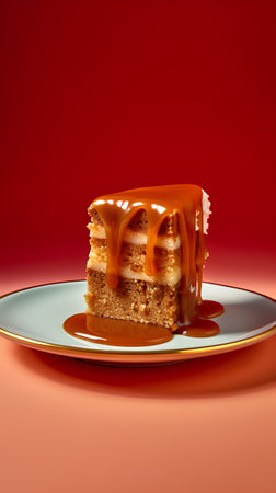 Cake with caramel sauce on a plate on a red background.の素材
