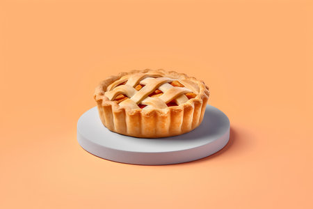 Apple pie on a round stand on an orange background. 3d renderingの素材