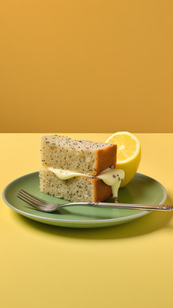 Lemon cake with poppy seeds on a green plate with a fork on a yellow backgroundの素材