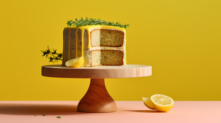 Cake with lemon and herbs on a stand on a yellow backgroundの素材