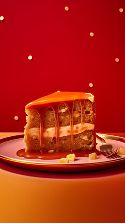 Slice of cake with caramel sauce on a red plate. 3d renderingの素材