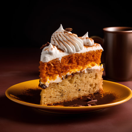 Coffee cake with whipped cream on a brown background. Selective focus.の素材