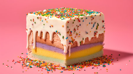 Rainbow cake with sprinkles on pink background. 3d illustrationの素材