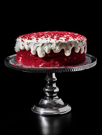 Red velvet cake with white frosting on a glass stand isolated on black backgroundの素材