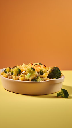 close up view of baked pasta with broccoli and cheese on yellow backgroundの素材