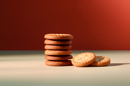 Stack of round cookies on a light and dark background. Close-up.の素材