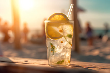 Glass of cold lemonade with ice and mint on the beach.の素材