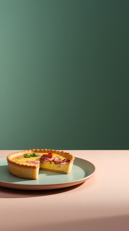 Slice of homemade quiche tart with salami, tomato and cheese on green plate on pastel background.の素材
