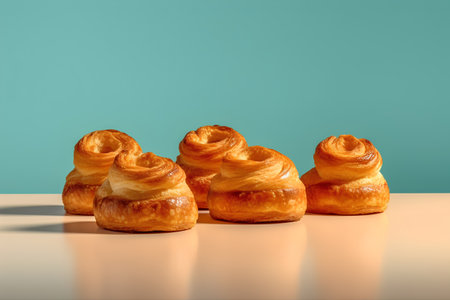 Row of five fresh baked croissants on pastel blue background with copy spaceの素材