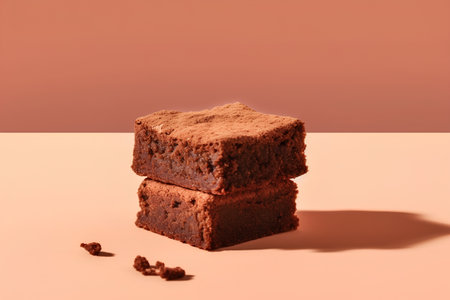 Chocolate brownies on orange background. Minimal food concept.の素材