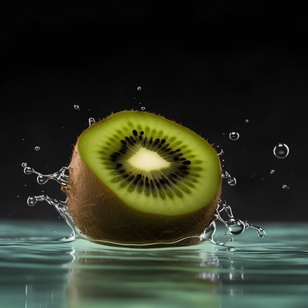 Kiwi fruit with water splash on dark background, close upの素材