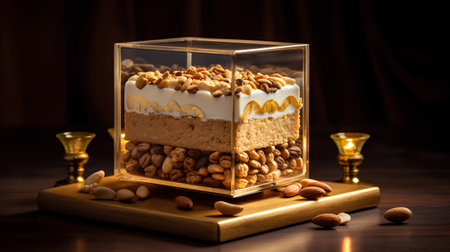 Tiramisu cake in a glass box on a wooden tableの素材