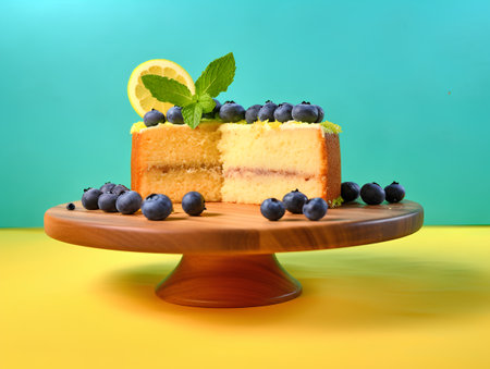 Piece of lemon cake decorated with fresh blueberries and mint leaves on wooden stand on yellow and blue backgroundの素材